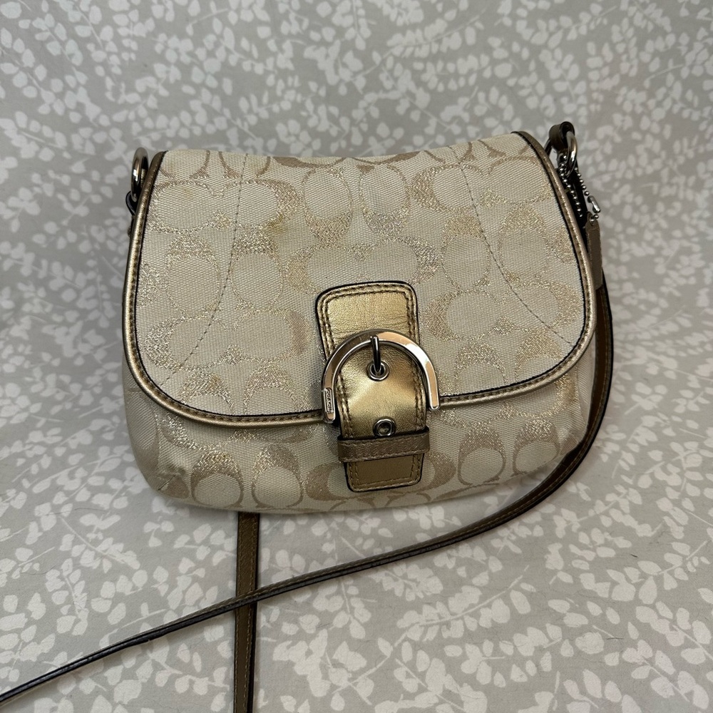 Coach Cream and Gold Crossbody Bag with Signature Monogram